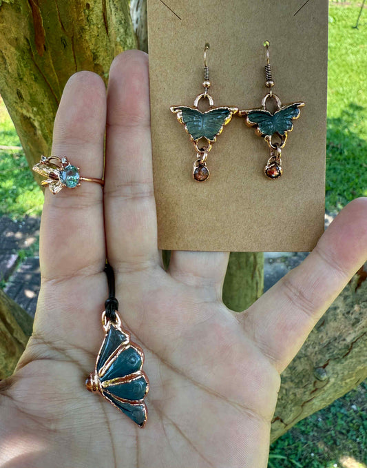 Aquamarine w/ Confetti Sunstone Butterfly Pendant & Earrings w/ CZ Butterfly Wing Ring