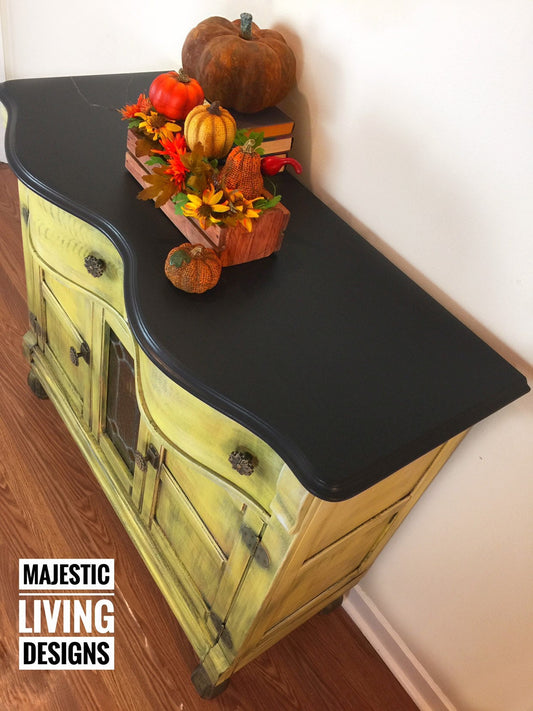 SOLD ~ NOT AVAILABLE Girly grunge / distressed yellow /solid cabinet /media center /console/entryway (free shipping)