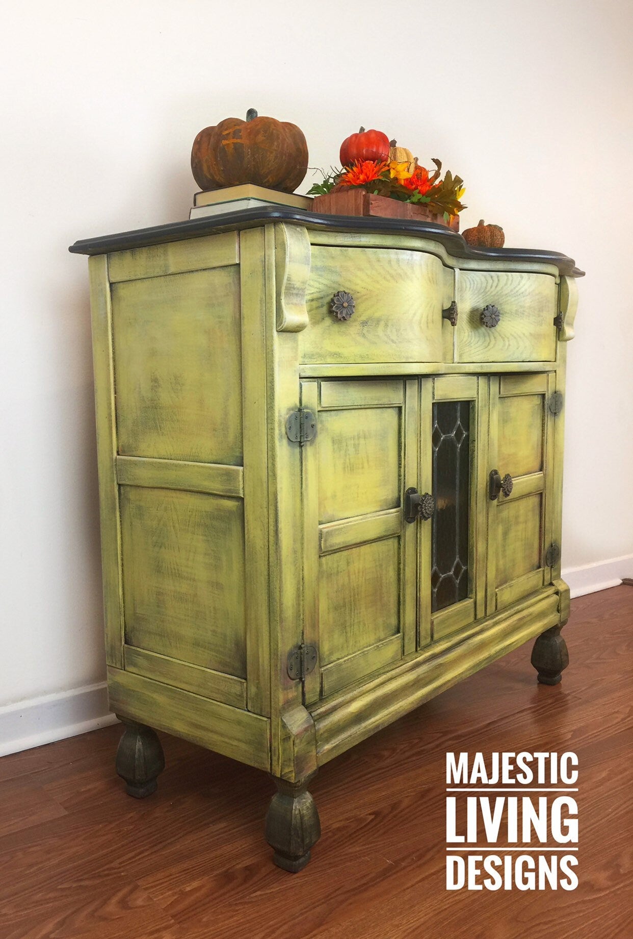 SOLD ~ NOT AVAILABLE Girly grunge / distressed yellow /solid cabinet /media center /console/entryway (free shipping)