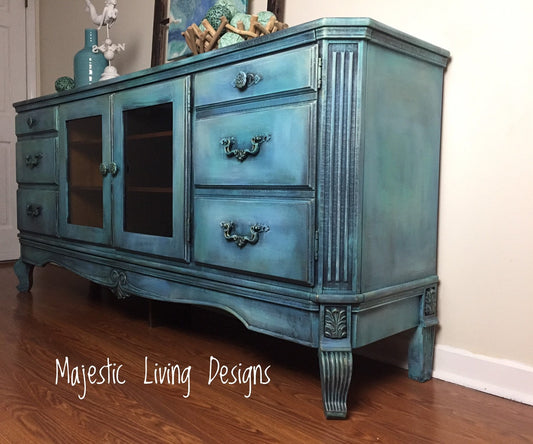 SOLD~ Media Console layered blues and greens Majestic Living