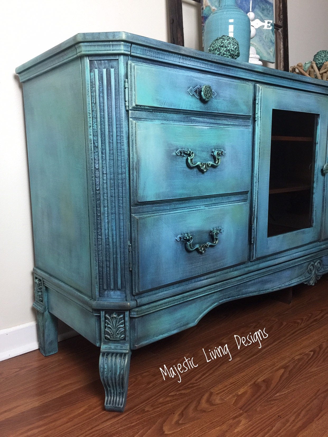 SOLD~ Media Console layered blues and greens Majestic Living