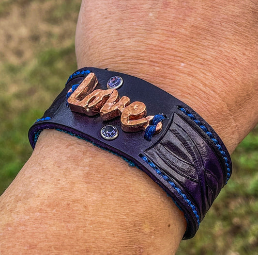 Leather Cuff Bracelet • Purple leather • Electroformed LOVE • Hand-stitched leather jewelry • Tooled leather • Rope design • Valentines Gift •