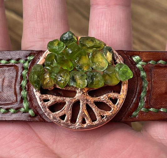 Leather cuff bracelet • Peridot • Tree of life • Electroformed • Gifts for her • Hand tooled leather • Hand stitched jewelry - Featured•