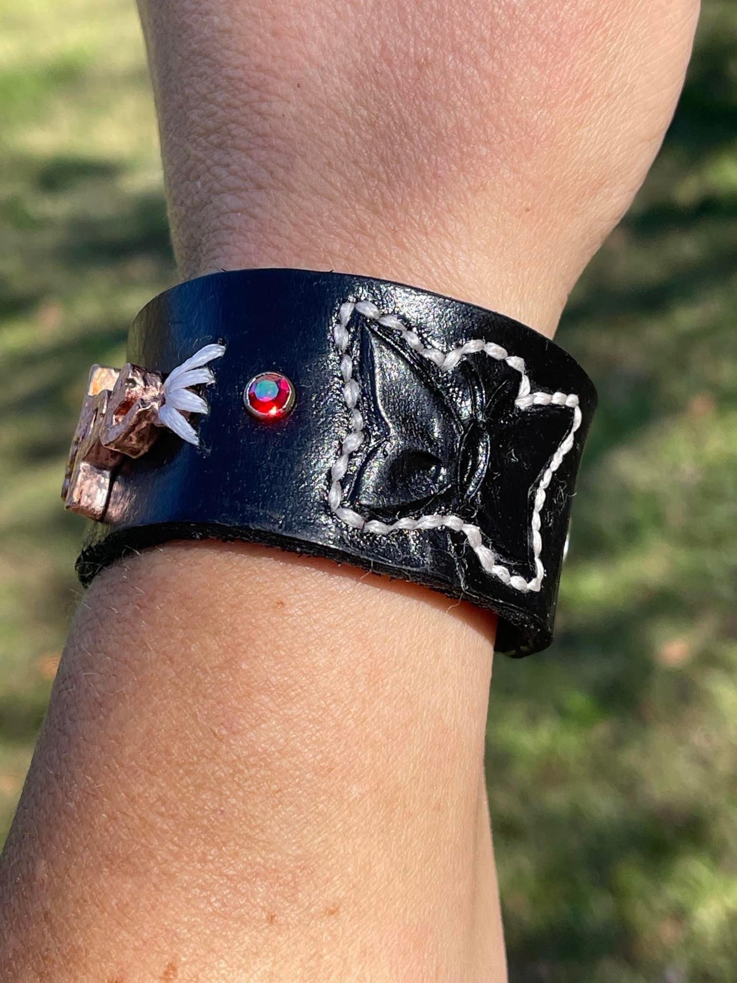 Leather cuff bracelet • Black leather • Hand tooled • Butterfly • HOPE • Pink accents • Hand stitched leather • Gifts for her • Electroformed jewelry