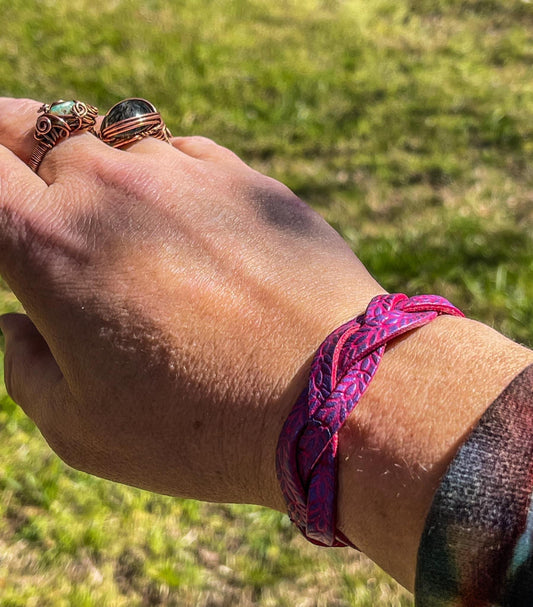 Rose Leather Mystery Braid Bracelet w/ Purple Color-shift Highlights