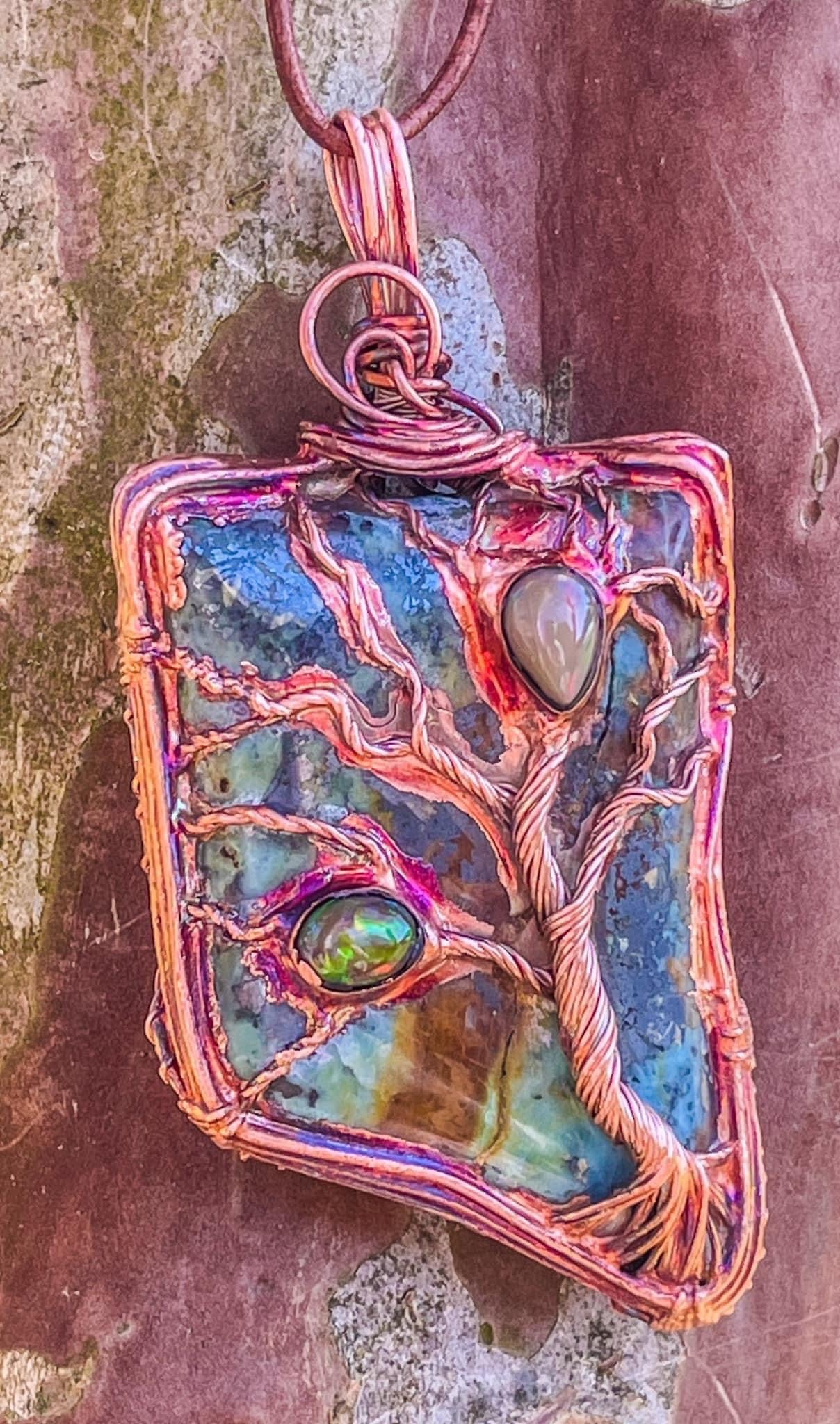 Chrysocolla w/ Hematite & Ethiopian Welo Opals TOL (Tree of Life) Pendant