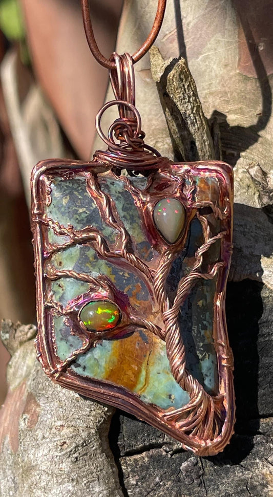 Chrysocolla w/ Hematite & Ethiopian Welo Opals TOL (Tree of Life) Pendant