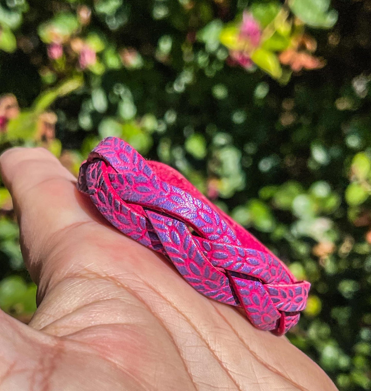 Rose Leather Mystery Braid Bracelet w/ Purple Color-shift Highlights