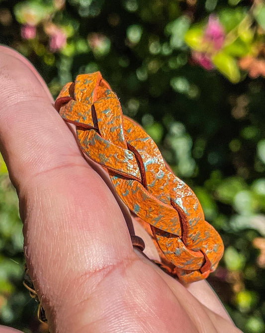 Mystery Braid Orange Leather Bracelet w/ distressed tooling & color shift paint.