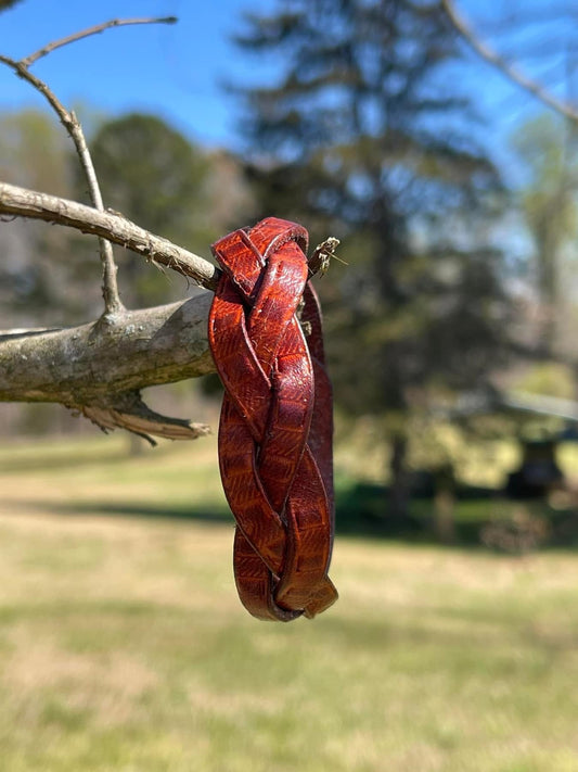 Mahogany over Saddle Tan Mystery Braid Leather Bracelet w/ Basket Weave Tooling