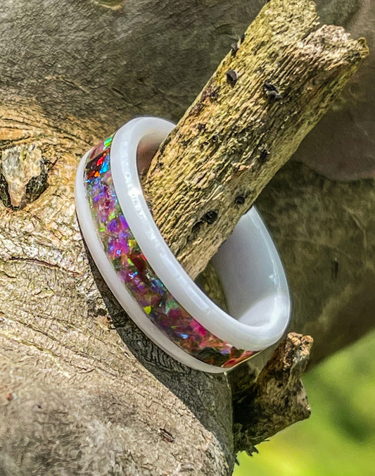 White Ceramic w/ Orchid, Electric Purple & Sangria Opals. Symbolizing a Flower Garden & Garnet.